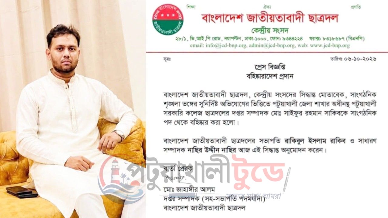পটুয়াখালী সরকারি কলেজ ছাত্রদল নেতা সাইফুর রহমান সাকিব বহিষ্কার