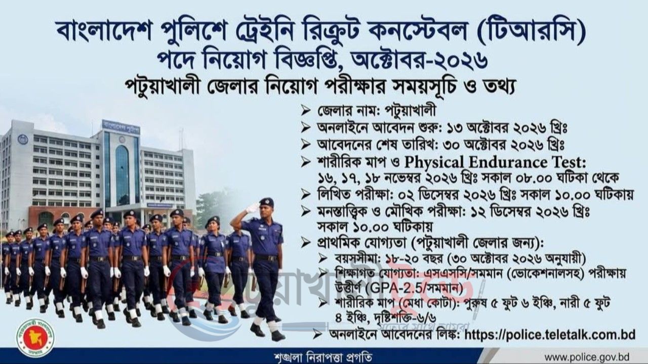 বাংলাদেশ পুলিশে টিআরসি পদে নিয়োগ বিজ্ঞপ্তি অক্টোবর ২০২৬ পটুয়াখালী জেলার নিয়োগ পরীক্ষার সময়সূচি ও প্রয়োজনীয় তথ্য